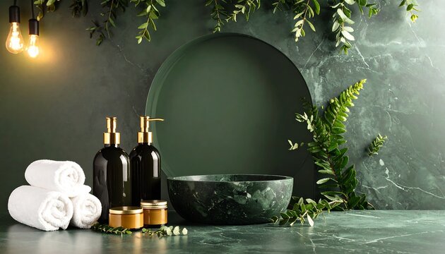 Green spa scene with marble, plants, and products