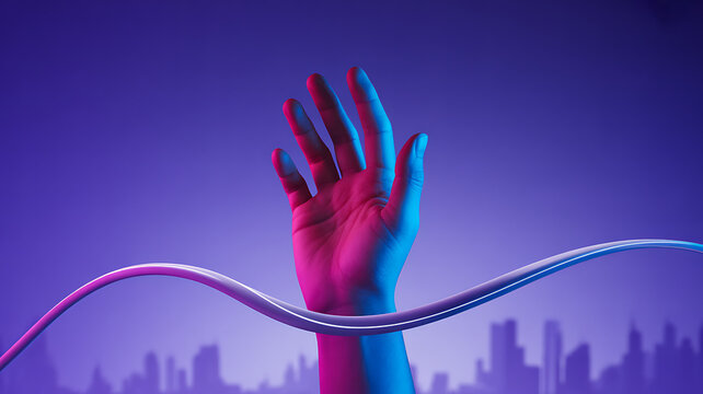 Neon Hand, Cyberpunk Cityscape: Futuristic Digital Art Valentine's Day