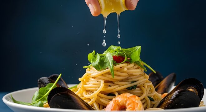 Close-up of a hand squeezing fresh lemon juice over a gourmet plate of seafood pasta with mussels, shrimp, and arugula for a zesty finish - Powered by Adobe