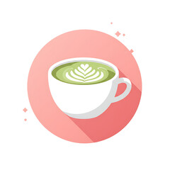 Charming flat design illustration of a vibrant green matcha latte with beautiful foam art, representing a moment of cozy refreshment