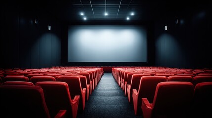 Fototapeta premium Empty Movie Theater with Red Seats and a Blank Screen Ready for Presentation