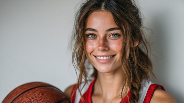 Vibrant outdoor portrait of cheerful athletic woman smiling in sportswear holding basketball, showcasing active lifestyle, fitness, and athletic fashion in natural light