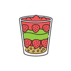 Colorful layered dessert in a glass with fresh strawberries, a green layer, and granola, a healthy snack illustration