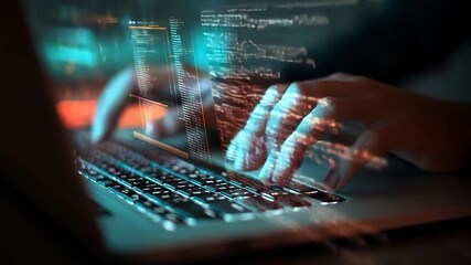 Programming code with hands typing on laptop in digital glow - Powered by Adobe