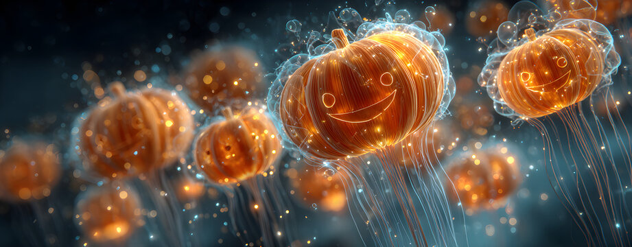 Smiling pumpkin balloons floating upward, HDR highlights, wide-angle compression, tetradic neon tones, rule of thirds, polished vector wallpaper