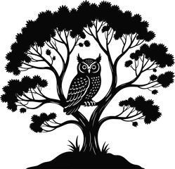 Silhouette of an owl perched on a tree branch with leaves, black and white wildlife illustration, nature themed vector art
