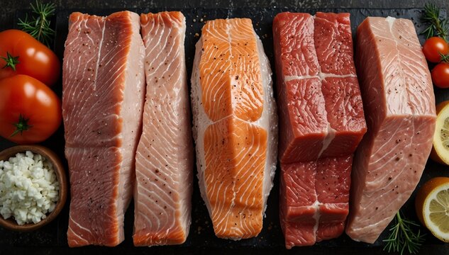 Mix of raw meat and fish . Salmon , beef , pork , chicken staek . Top view photography