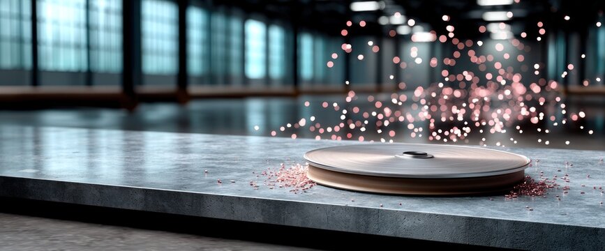 Industrial-style disc on a concrete surface with particles