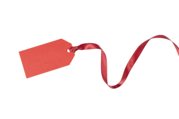 blank red gift tag with curly gift ribbon band isolated on white or transparent png