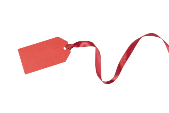 blank red gift tag with curly gift ribbon band isolated on white or transparent png