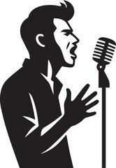 "Vintage Singer Silhouette with Retro Microphone – Black and White Music Illustration"