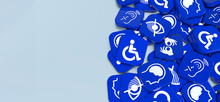 Inclusivity Signage: An artistic display of blue icons symbolizing inclusivity, accessibility, and the promotion of human rights, reflecting a commitment to diversity. 