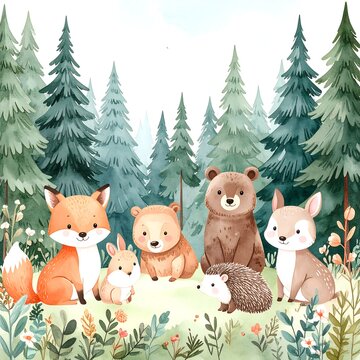 Fototapeta Cute forest animals in a watercolor style