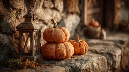 Pumpkin stack beside rustic lantern on stone wall, HDR golden hour light, telephoto shallow depth, tetradic palette orange/green/brown/cream, golden ratio framing,