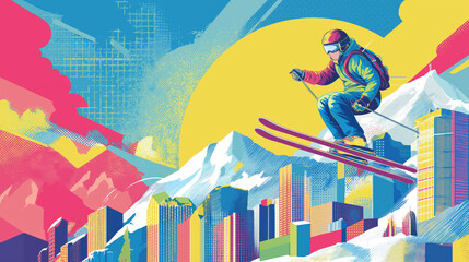 Skier jumping at ski resort, hand drawn flat illustration, vector art poster, beautiful mountain ski resort, skiing poster, winter sports poster, ultra high resolution