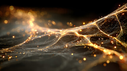 Spiderweb crystalline threads glowing, split lighting edge, golden spiral composition, chrome surface
