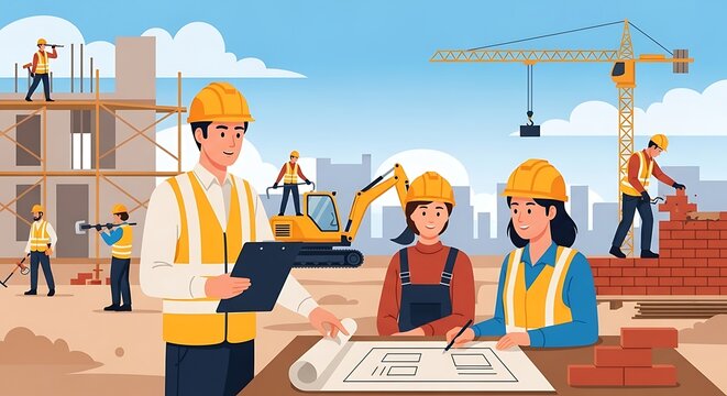 Construction Site Scene with Workers and Blueprints Under a Sunny Sky.