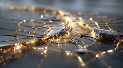 Spiderweb crystalline threads glowing, split lighting edge, golden spiral composition, chrome surface
