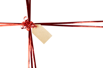 red present box gift ribbon with price or name tag isolated on white or transparent png