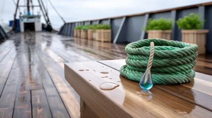 A coiled green rope rests on a wet wooden deck, beside a small, teal glass droplet.  Fishing boat in the background