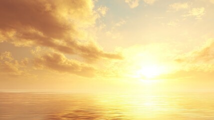 Golden sunrise over calm sea, glowing horizon under large copy space sky, cinematic mood creates warm serene atmosphere ideal for travel, nature or relaxation themes.