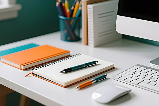 An inviting workspace features a white desk, complete with a notebook, pens, a computer keyboard and mouse, books, and colorful pencils, creating a creative scene.