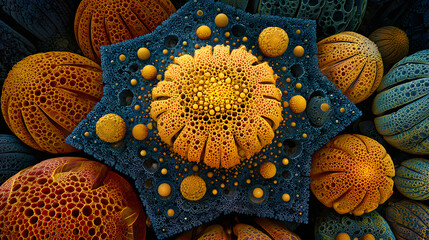 Pumpkin tessellated fractal mandala, triadic saturation palette, HDR exposure, glossy enamel