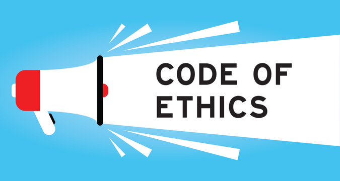 Color megaphone icon with word code of ethics in white banner on blue background