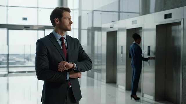 Confident businessman checking his smartwatch in a sleek, modern office lobby with large windows and elevators, embodying punctuality and corporate...