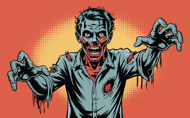 Terrifying zombie with tattered clothes and outstretched arms