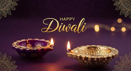 Happy Diwali with Lit Diyas and Festive Decorations