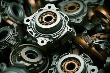 Detailed view of various mechanical components arranged closely in an industrial workshop setting