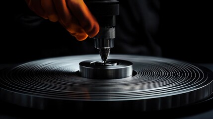 Close-up of a hand in orange glove operating a drill press on a metal disc