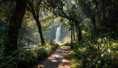 Obraz premium Lush path leading to a waterfall in a tropical forest