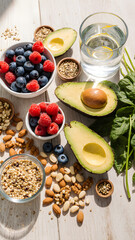 Healthy superfoods including avocado, nuts, berries, grains, and water