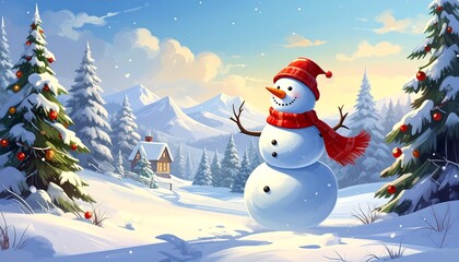 Obraz premium Charming Snowman in a Winter Wonderland, Festive Holiday Illustration