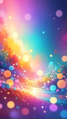 A vibrant, colorful scene featuring a swirling path illuminated by warm light, dotted with colorful circles and vibrant hues.