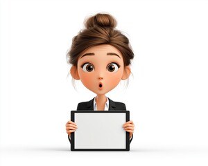 Surprised Business Woman with sign: An animated business woman expresses surprise with a blank tablet, ideal for your brand or message placement.Generative ai illustration