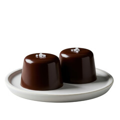 Two sleek, glossy dark chocolate bonbons with sea salt on a transparent ceramic plate against a transparent background, 45-degree angle, high key studio lit. Concept of gourmet confectionery