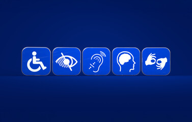 Accessibility Symbol: A set of accessibility symbols stands out against a solid blue background.