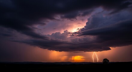 Obraz premium Dramatic Sunset with Lightning Strikes and Dark Clouds.