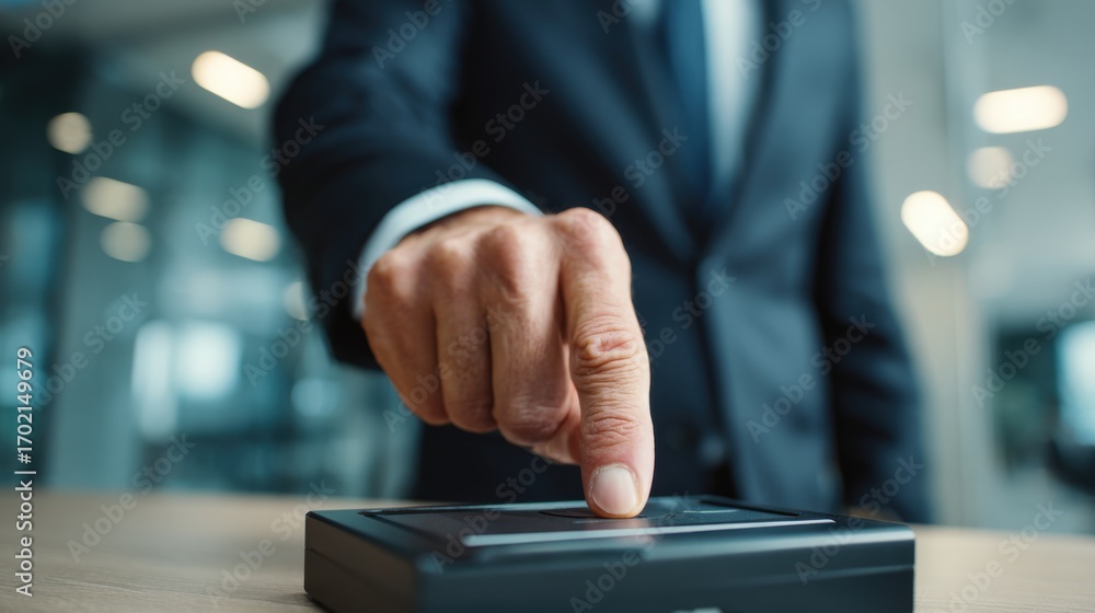 Aufkleber businessman using biometric fingerprint scanner for secure access control in modern office environme