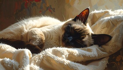 A peaceful siamese cat rests serenely, bathed in sunlight, nestled comfortably within a soft, textured blanket.