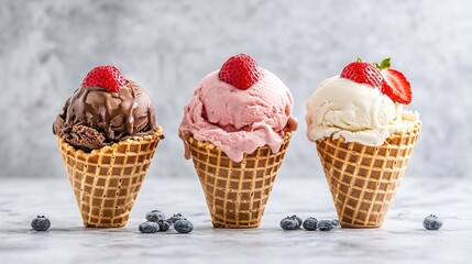 vanilla. Colorful ice cream in a waffle cone, a tempting and delightful dessert display. menu design, packaging mockups, designed for food delivery and cloud-kitchen brand materials.