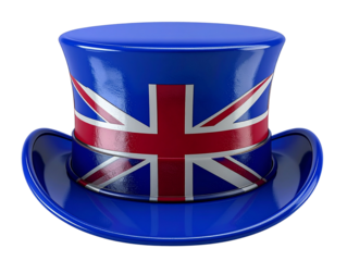 Classic Blue Top Hat with Union Jack Print, Front View, Patriotic Celebration Style