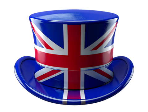 Classic Blue Top Hat with Union Jack Print, Front View, Patriotic Celebration Style 