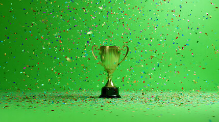 Golden trophy on a vibrant green backdrop, surrounded by colorful confetti celebrating victory
