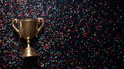 Golden trophy resting on a dark surface surrounded by colorful confetti, celebrating victory