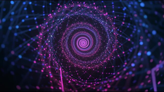 Digital Vortex: A mesmerizing digital vortex spirals inwards, illuminating a network of connected nodes and lines. Explore the beauty of the abstract world of digital technology.