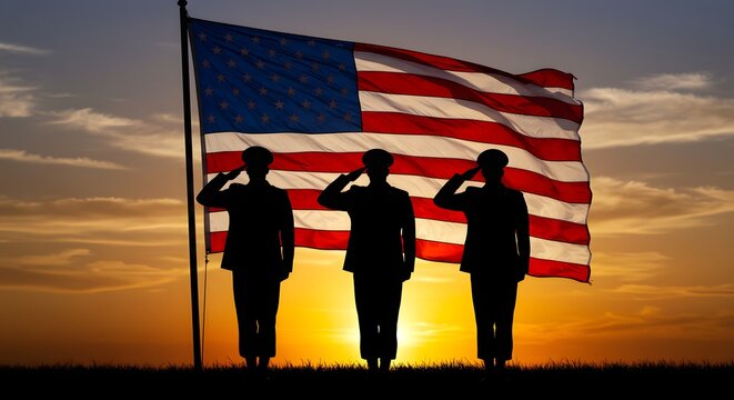 Veterans Day. National holiday of the USA. Soldier of USA. Three soldiers silhouetted saluting the American flag at sunset, symbolizing patriotism and respect.